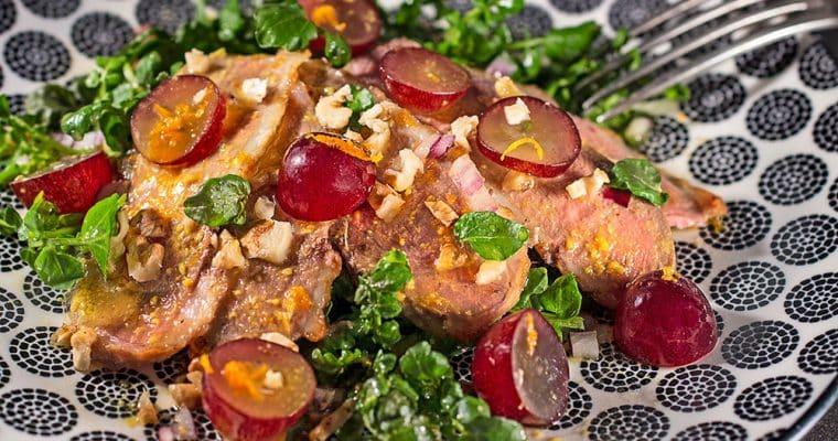 Entenbrust-Carpaccio mit Honig-Senf-Soße und  Brunnenkresse