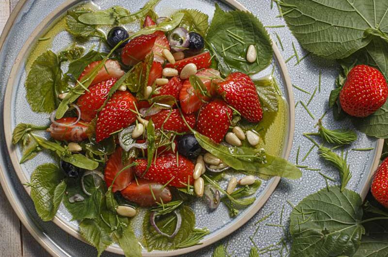 Erdbeersalat-Lindenblaettchen-Fichtenspitzen