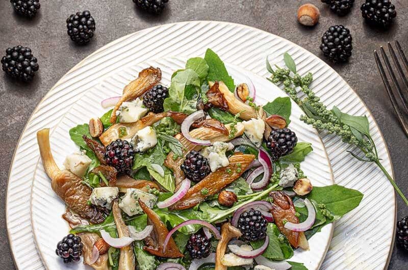 Salat mit Ackermelde, Austernpilzen und Brombeeren